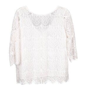 Lace Sheer Top L White 3/4 Sleeve Back Zipper Shirt Boho Hippie Delicate Blouse